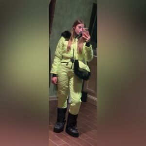 Women’s Small Lime Green Ski Suit with matching gloves & purse